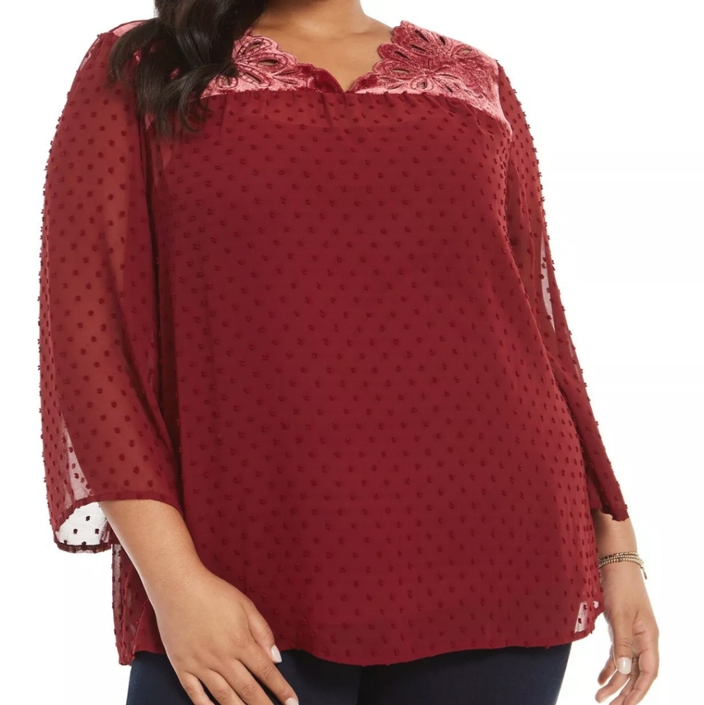 Style & Co Women's Plus Size Swiss-Dot Velvet-Yoke Top Red Size 3x